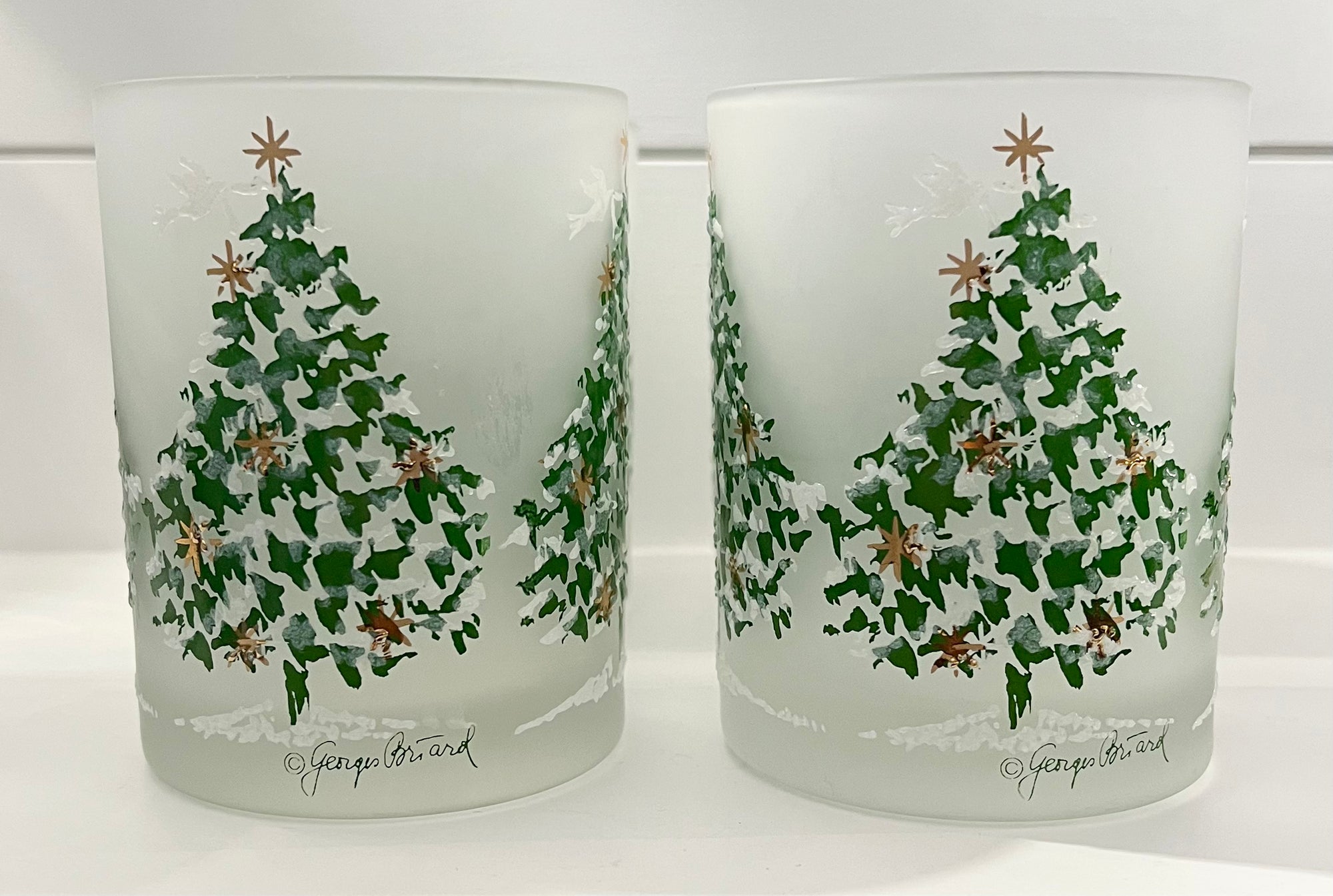 Georges Briard, Signed Vintage Mid-Century Barware, Frosted Vintage Christmas Tree, Lowball Drinking Glasses, Set of 4