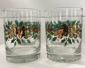 Vintage Mid-Century Barware, Christmas Bow and Garland, Double Old Fashion Cocktail Glasses, Set of 6