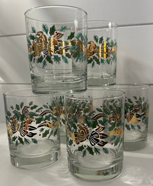 Vintage Mid-Century Barware, Christmas Bow and Garland, Double Old Fashion Cocktail Glasses, Set of 6