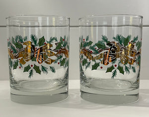 Vintage Mid-Century Barware, Christmas Bow and Garland, Double Old Fashion Cocktail Glasses, Set of 6