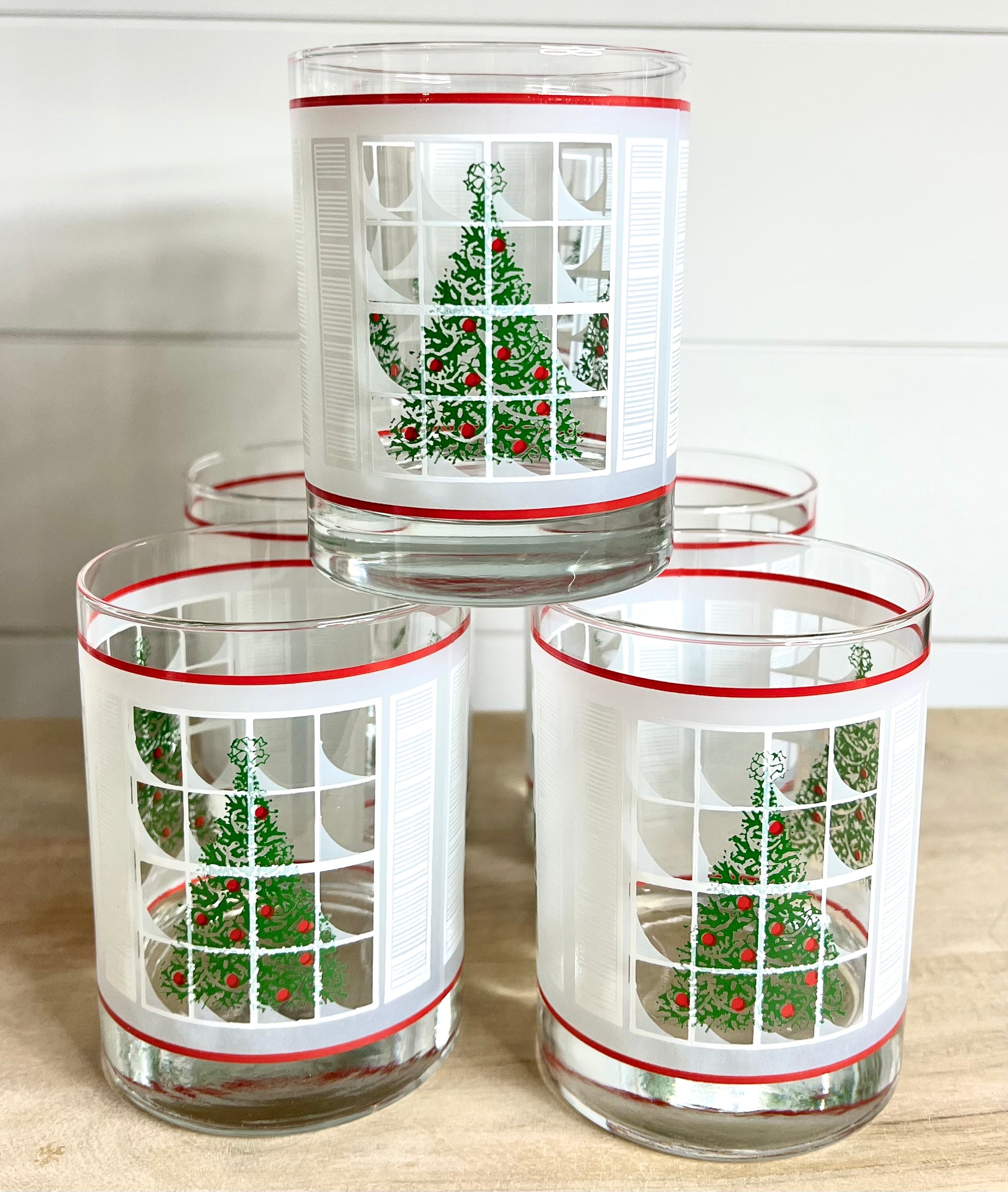 Vintage Mid-Century Barware, Christmas Tree Window Winter Scene, Lowball Drinking Glass Tumblers, Set of 4