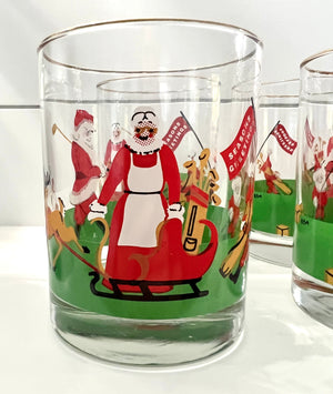 Vintage Mid-Century Barware, Santa Claus Golfing, Lowball Christmas Cocktail Glass, Set of 4