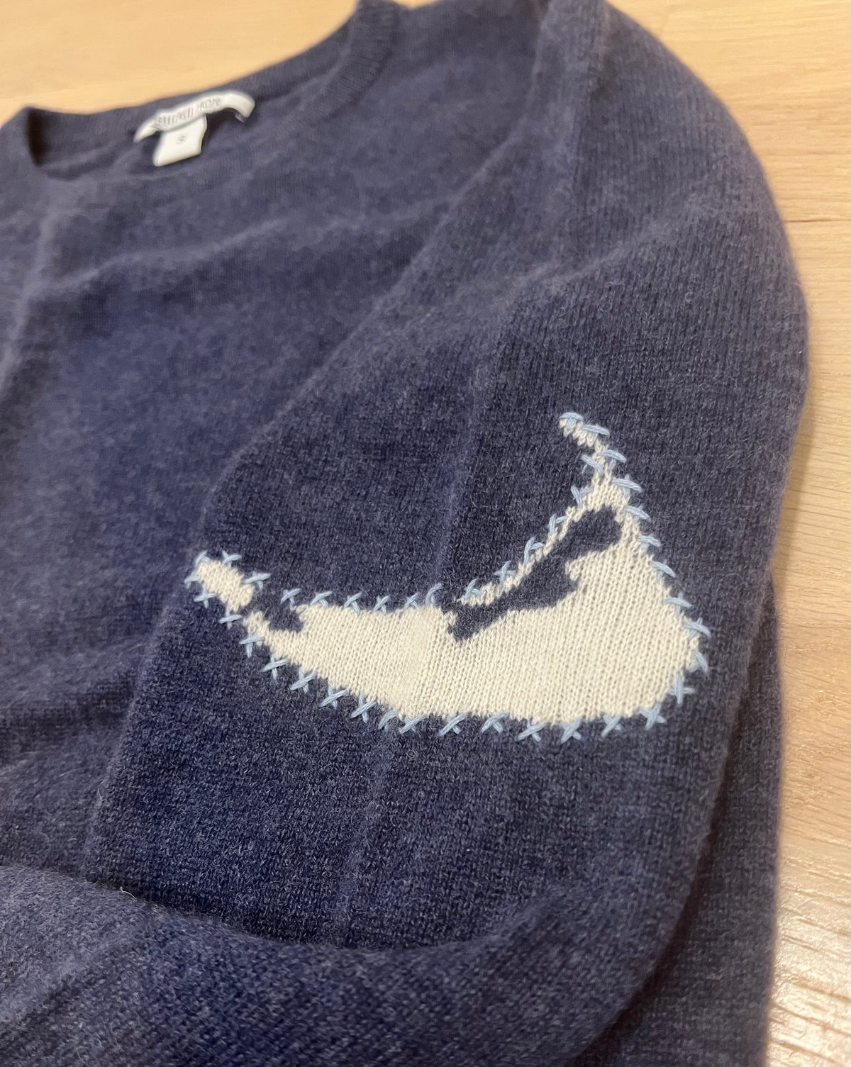 Nantucket Island Cashmere Crewneck Sweater in Denim Blue and Pearl