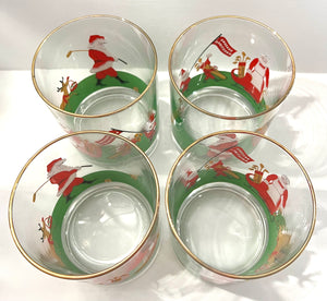 Vintage Mid-Century Barware, Santa Claus Golfing, Lowball Christmas Cocktail Glass, Set of 4