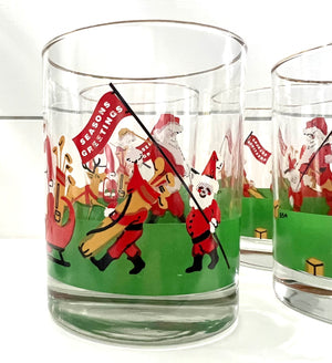 Vintage Mid-Century Barware, Santa Claus Golfing, Lowball Christmas Cocktail Glass, Set of 4