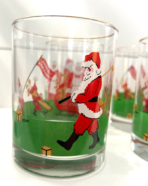 Vintage Mid-Century Barware, Santa Claus Golfing, Lowball Christmas Cocktail Glass, Set of 4