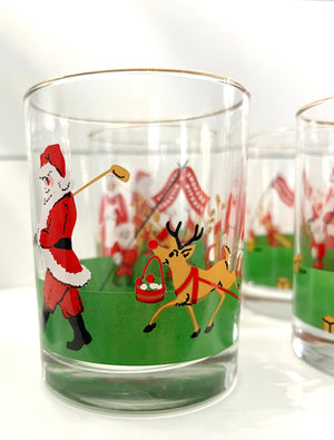 Vintage Mid-Century Barware, Santa Claus Golfing, Lowball Christmas Cocktail Glass, Set of 4