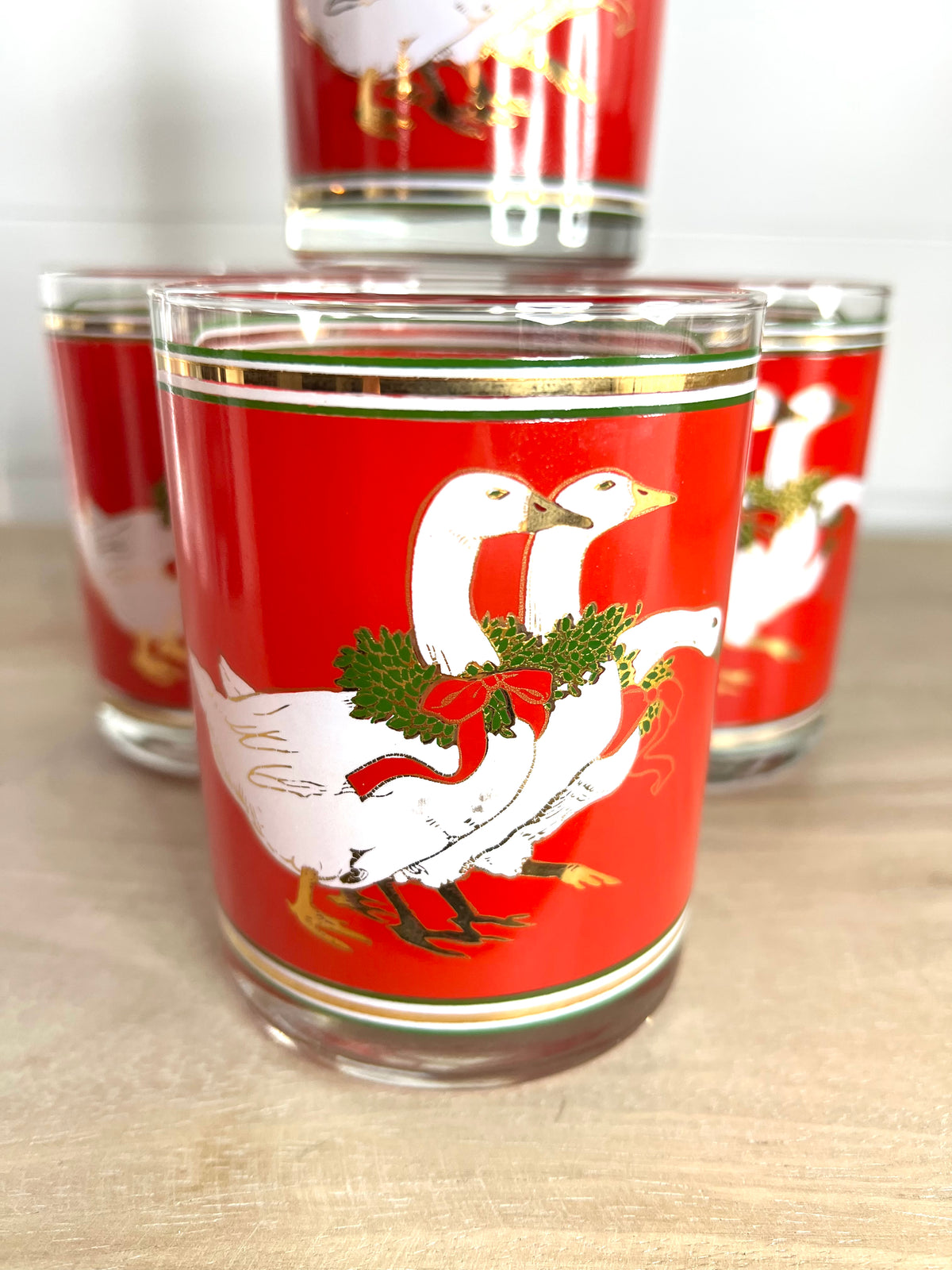 Red Flying Geese, Cattail Tom Collins Glasses, Mid-century Whiskey Glasses  3 Glasses Red Geese/red Bird Christmas Glasses 